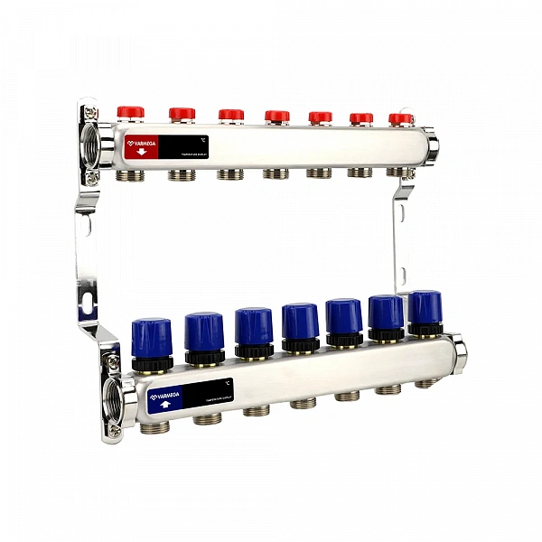 Коллекторная группа для отопления Varmega VM15507 ВР 1", на 7 контуров 3/4" EK, нержавеющая сталь