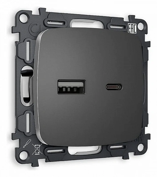 Комплект механизма розетки OMEGA MO661010 Антрацит серый 2USB A+C 20W 3000mA (быстрая зарядка) 180-2