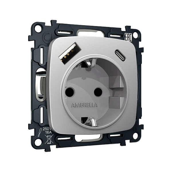 Комплект механизма электрической розетки OMEGA MO510010 Сталь матовый 2USB A+C 20W 3000mA (быстрая з