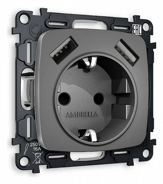 Комплект механизма электрической розетки OMEGA MO659010 Антрацит серый 2USB A+A 20W 3000mA (быстрая