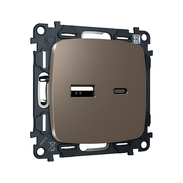 Комплект механизма розетки OMEGA MO641010 Темная бронза матовый 2USB A+C 20W 3000mA (быстрая зарядка