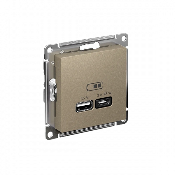 ATLASDESIGN USB РОЗЕТКА A + тип-C 45Вт высокоскор.заряд. QC,PD, мех., ШАМПАНЬ