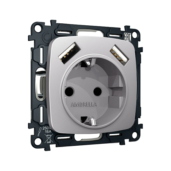 Комплект механизма электрической розетки OMEGA MO509010 Сталь матовый 2USB A+A 18W 3000mA (быстрая з