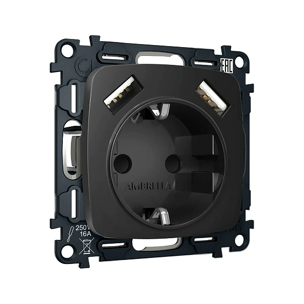Комплект механизма электрической розетки OMEGA MO809010 Черный матовый 2USB A+A 18W 3000mA (быстрая