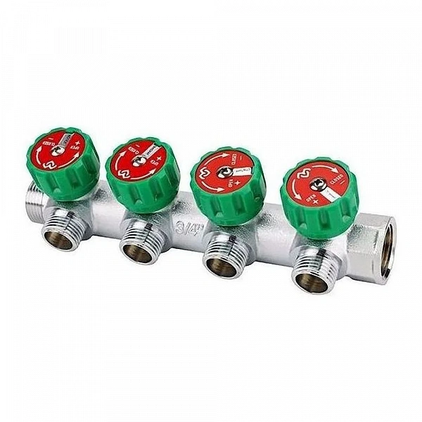 Коллектор регулирующий Varmega VM14604, 3/4", на 4 выхода 1/2", хромированный
