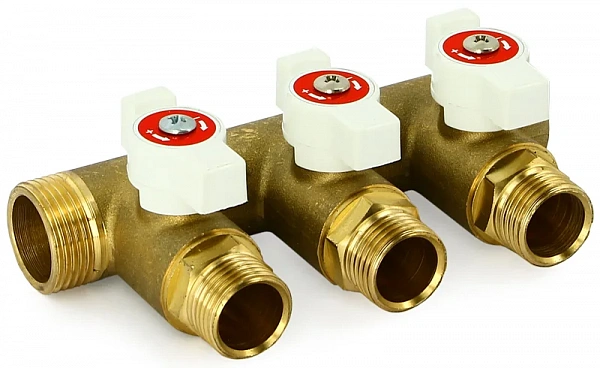 Коллектор НВ 3/4" х 2 вых 1/2" под соединитель, с кранами Uni-Fitt