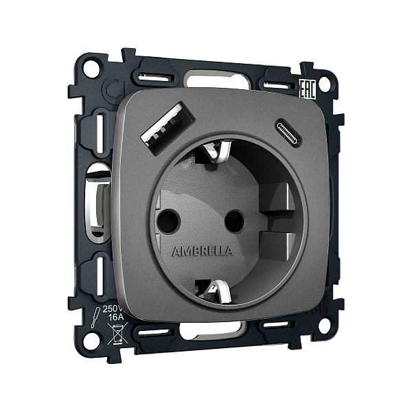 Комплект механизма электрической розетки OMEGA MO660010 Антрацит серый 2USB A+C 20W 3000mA (быстрая