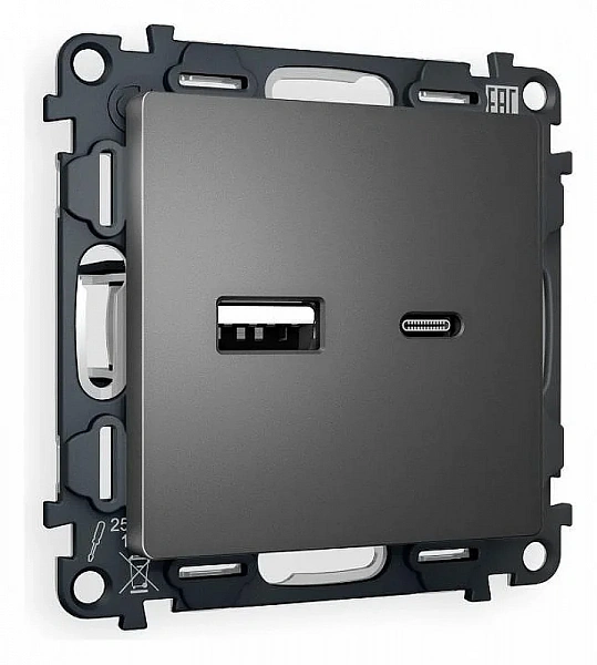 Комплект механизма розетки ALFA MA661010 Антрацит серый 2USB A+C 20W 3000mA (быстрая зарядка) 180-22