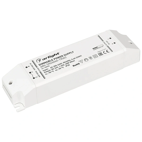 Блок питания ARV-SN24040-TRIAC (24V, 1.65A, 40W) (Arlight, IP20 Пластик, 3 года) 030934