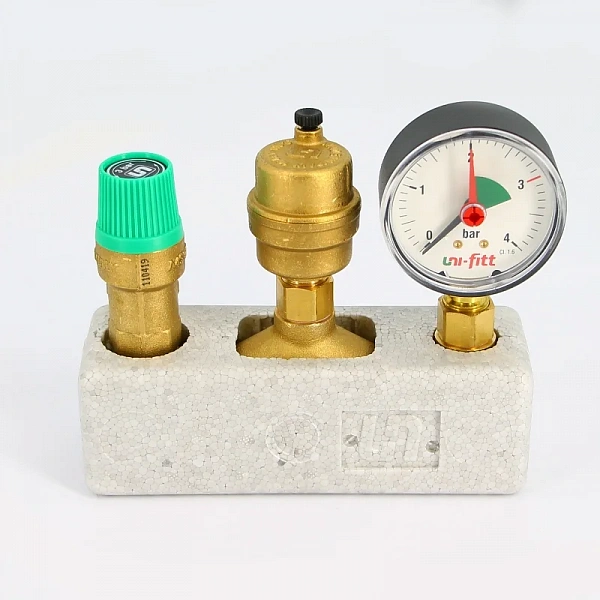 Гр. безопасности котла до 50 кВт, 1", 3 бар, теплоизоляция, латунь Uni-Fitt