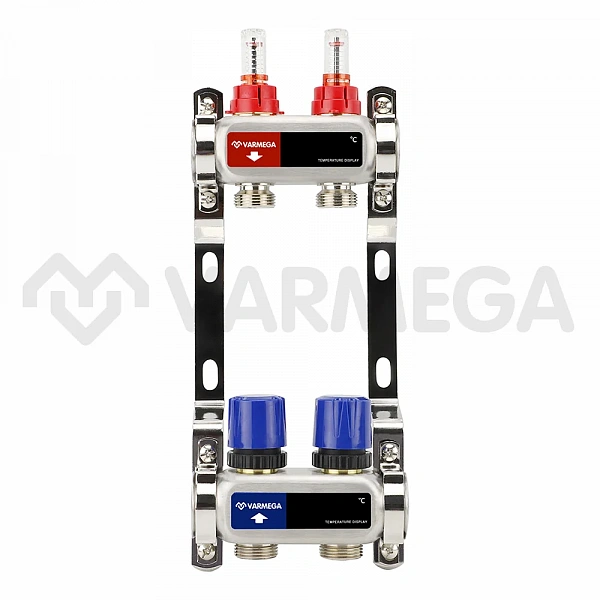 Коллекторная группа с расходомерами Varmega VM15102 ВР 1", на 2 контура 3/4" EK, нержавеющая сталь