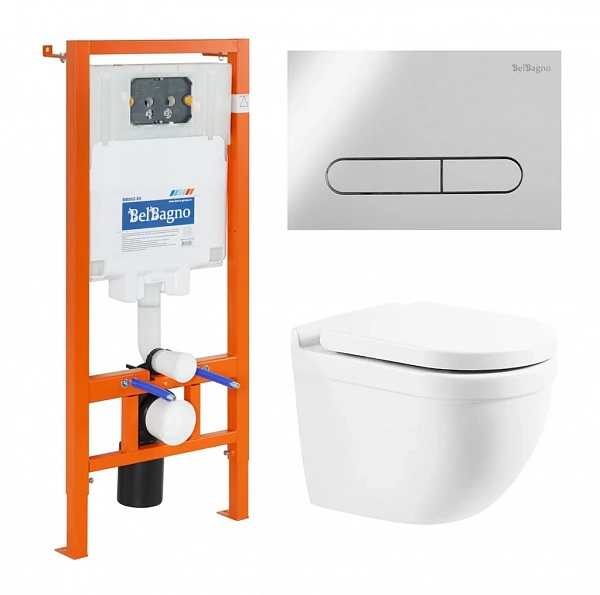 Комплект 4 в 1 Унитаз подвесной BelBagno SENSO-R BB017CHR с сиденьем BB865SC + Система инсталляции д