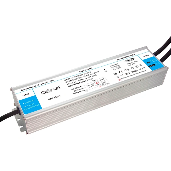 Donel блок питания DALI 250Вт, DC48В, 5.2А, IP67, 260*73*45мм, с функцией Push-Dim, PFC >0.95, PWM=1