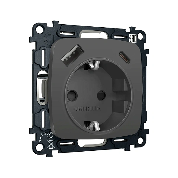 Комплект механизма электрической розетки OMEGA MO910010 Графит мягкое касание 2USB A+C 20W 3000mA (б