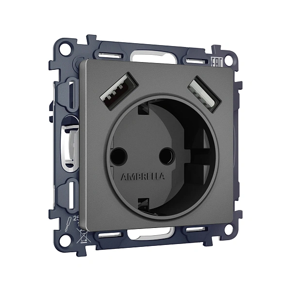 Комплект механизма электрической розетки ALFA MA659010 Антрацит серый 2USB A+A18W 3000mA (быстрая за