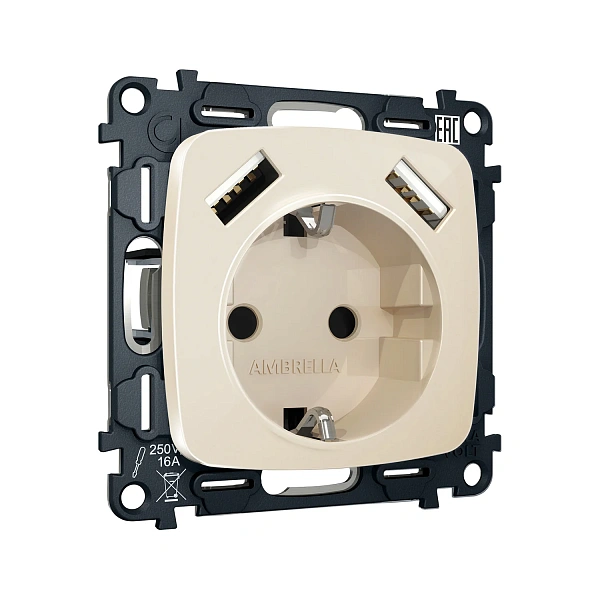 Комплект механизма электрической розетки OMEGA MO309010 Бежевый глянец 2USB A+A 18W 3000mA (быстрая