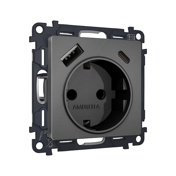 Комплект механизма электрической розетки ALFA MA660010 Антрацит серый 2USB A+C 20W 3000mA (быстрая з