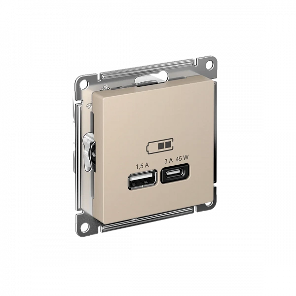 ATLASDESIGN USB РОЗЕТКА A + тип-C 45Вт высокоскор.заряд. QC, PD, мех., ПЕСОЧНЫЙ