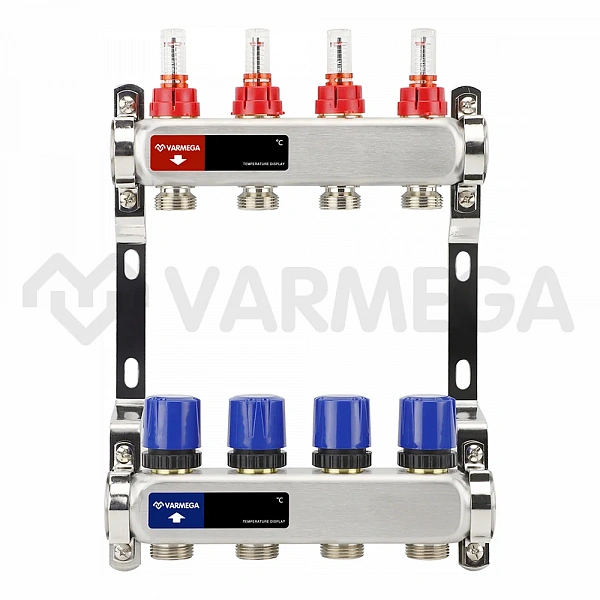 Коллекторная группа с расходомерами Varmega VM15104 ВР 1", на 4 контура 3/4" EK, нержавеющая сталь