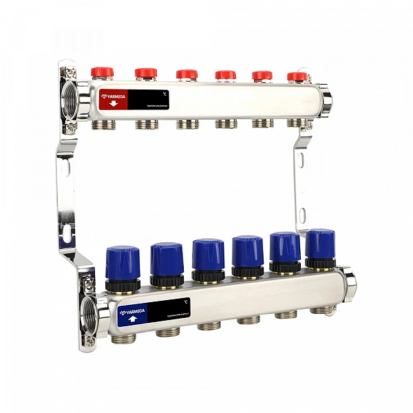 Коллекторная группа для отопления Varmega VM15506 ВР 1", на 6 контуров 3/4" EK, нержавеющая сталь
