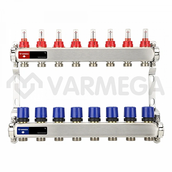 Коллекторная группа с расходомерами Varmega VM15108 ВР 1", на 8 контура 3/4" EK, нержавеющая сталь