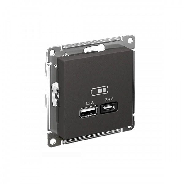 ATLASDESIGN USB РОЗЕТКА A+С, 5В/2,4А, 2х5В/1,2А, механизм, БАЗАЛЬТ