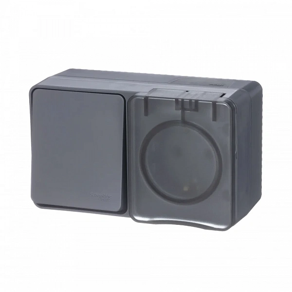 AtlasDesign PROFI IP54 О/У БЛОК: РОЗ. з/к со шт. 16А, ВЫКЛ.1-клав.10А, АНТРАЦИТ
