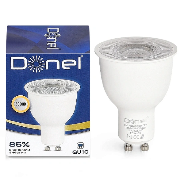 Donel, Светодиодная лампа 9Вт, MR16, 220В, GU10, 3000K, 720Лм, Ra>80, 60°, D50хH65мм, Dim Triac, Сер