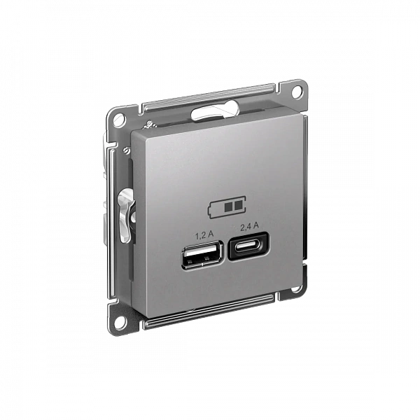 ATLASDESIGN USB РОЗЕТКА А+С, 5В/2,4А, 2х5В/1,2А, механизм, АЛЮМИНИЙ