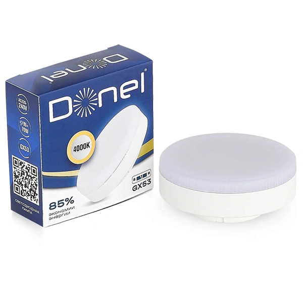 Donel, Светодиодная лампа 9Вт, 220В, GX53, 4000K, 765Лм, Ra>80, 110°, D75хH26мм, Dim Triac, Серия: