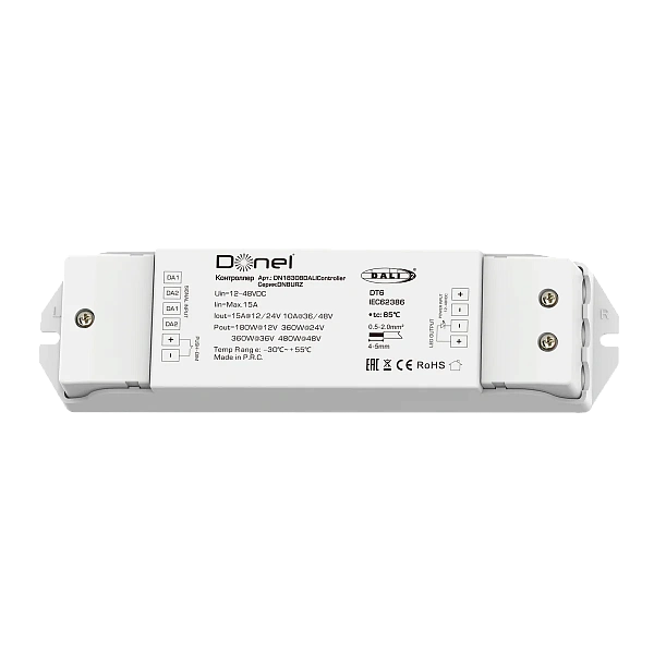 Donel,DALI контроллер , напряжение питания 12-48V DC, 1х10А, выходная мощность 1×(180-480)W, Push-Di