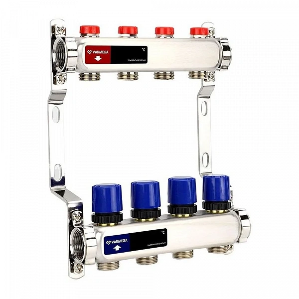 Коллекторная группа для отопления Varmega VM15504 ВР 1", на 4 контуров 3/4" EK, нержавеющая сталь