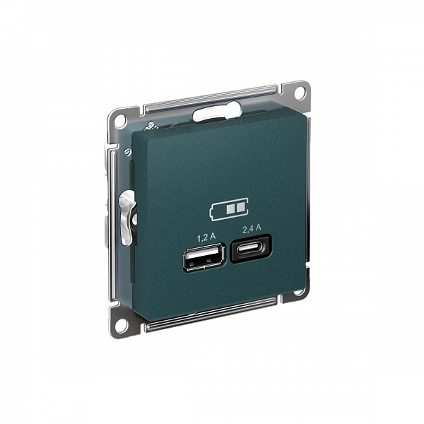 ATLASDESIGN USB РОЗЕТКА А+С, 5В/2,4 А, 2х5В/1,2 А, механизм, ИЗУМРУД