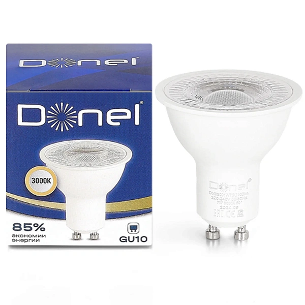 Donel, Светодиодная лампа 7Вт, MR16, 220В, GU10, 3000K, 560Лм, Ra>80, 60°, D50хH55мм, Dim Triac, Сер
