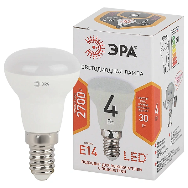 ЭРА LED R39-4W-827-E14 Лампочка светодиодная Е14 4Вт рефлектор теплый белый свeт
