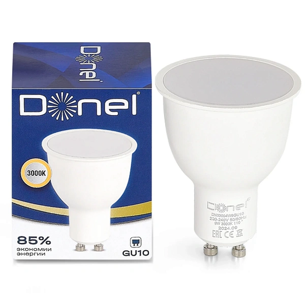 Donel, Светодиодная лампа 9Вт, MR16, 220В, GU10, 3000K, 675Лм, Ra>80, 110°, D50хH65мм, Серия: DN03