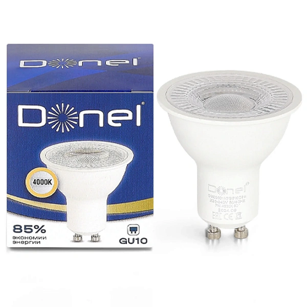Donel, Светодиодная лампа 7Вт, MR16, 220В, GU10, 4000K, 560Лм, Ra>80, 60°, D50хH55мм, Dim Triac, Сер