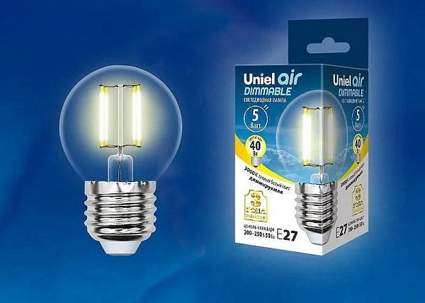 Светодиодная лампа Шар Uniel LED-G45-5W/WW/E27/CL/DIM GLA01TR диммируемая. UL-00002868