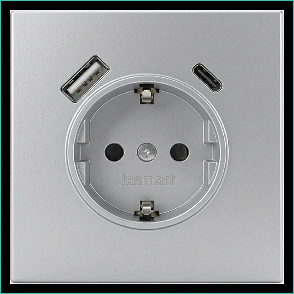 Розетка SCHUKO© с USB A+C с защитными шторками 16A 250V~ 2P+T USB 25W, цвет Алюминий