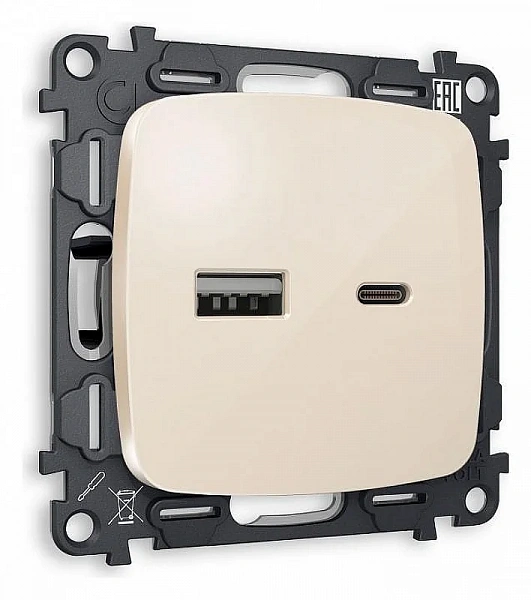 Комплект механизма розетки OMEGA MO311010 Бежевый глянец 2USB A+C 20W 3000mA (быстрая зарядка) 180-2