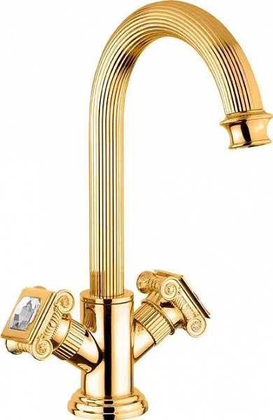 OLIMP-LS2-03/24-Sw Смеситель на раковину с донным клапаном, золото, ручки Swarovski