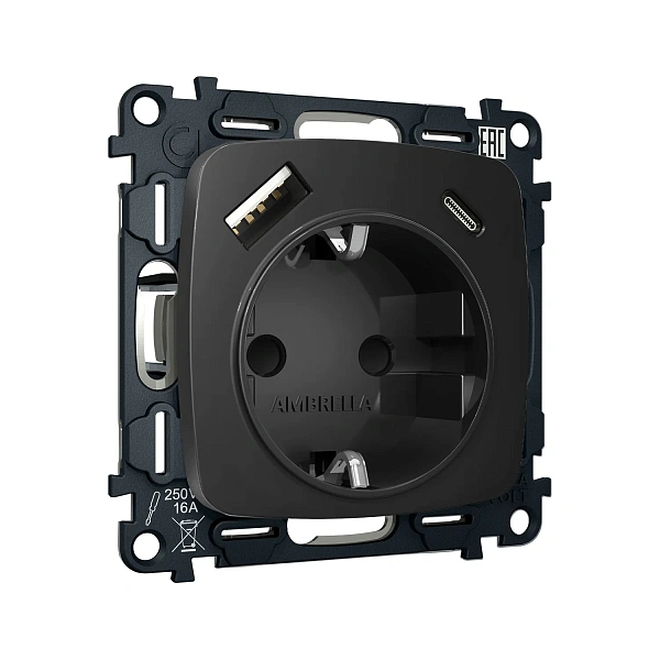 Комплект механизма электрической розетки OMEGA MO810010 Черный матовый 2USB A+C 20W 3000mA (быстрая