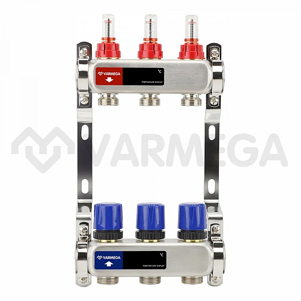 Коллекторная группа с расходомерами Varmega VM15103 ВР 1", на 3 контура 3/4" EK, нержавеющая сталь