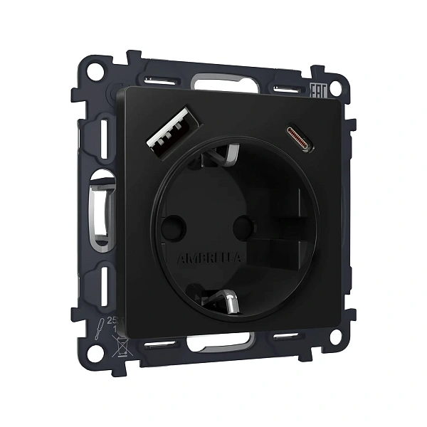 Комплект механизма электрической розетки ALFA MA810010 Черный матовый 2USB A+C 20W 3000mA (быстрая з