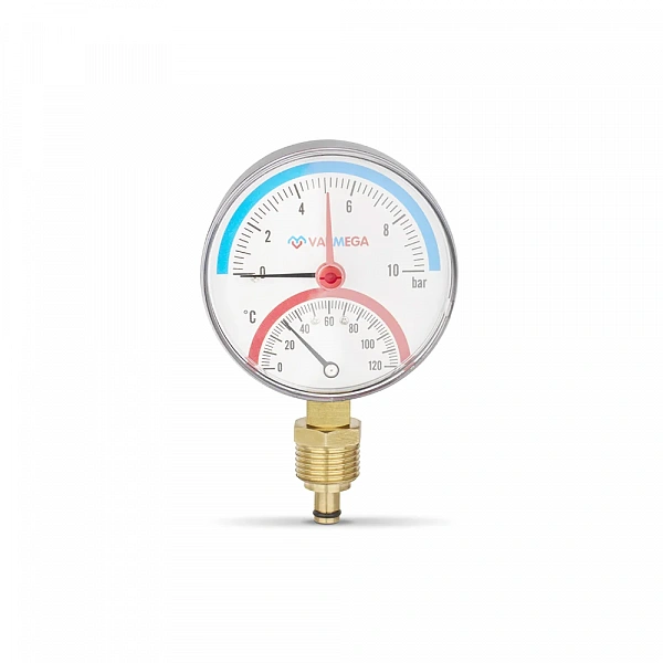 Термоманометр Varmega радиальный 80 мм, 10 бар, 120°С, 1/2", с отсекающим клапаном