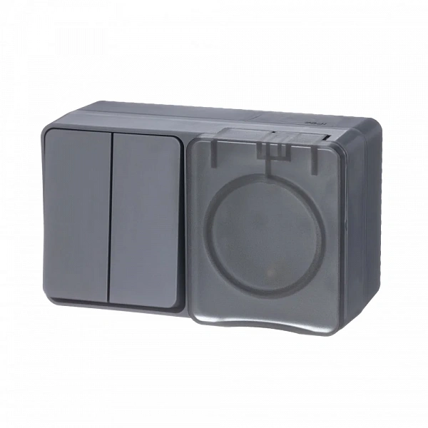 AtlasDesign PROFI IP54 О/У БЛОК: РОЗ. з/к со шт. 16А, ВЫКЛ.2-клав.10А, АНТРАЦИТ