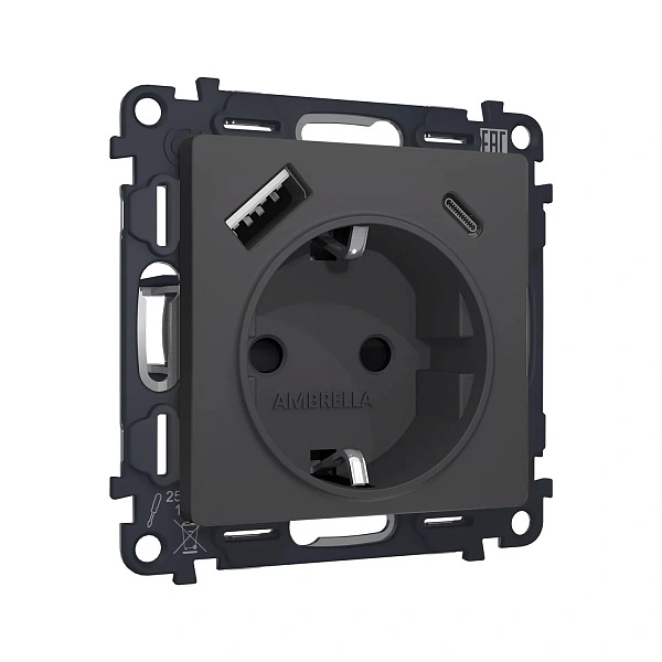 Комплект механизма электрической розетки ALFA MA910010 Графит мягкое касание 2USB A+C 20W 3000mA (бы