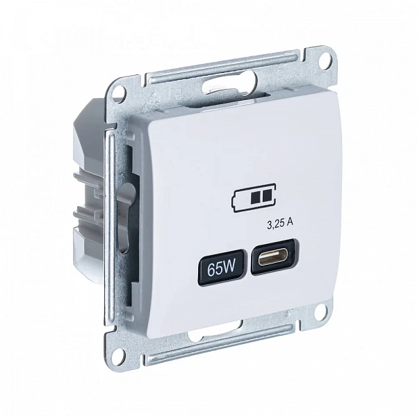 GLOSSA USB РОЗЕТКА тип-С, 65W, высокоскорост.зарядка QC, PD, механизм, БЕЛЫЙ