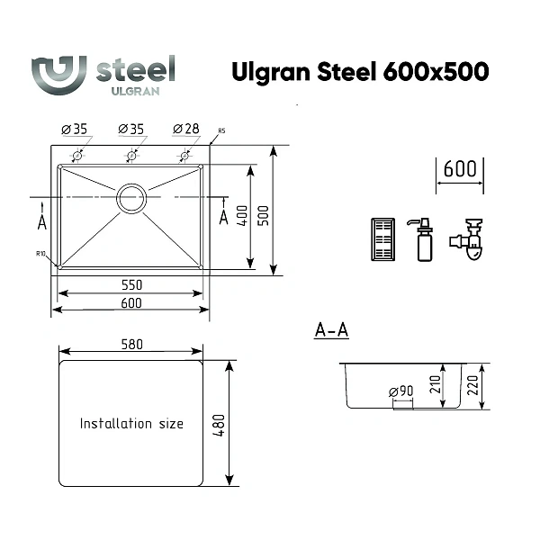 Мойка кухонная Ulgran STEEL US 600х500-001 50x60, брашированная сталь, интегрированная, встраиваемая