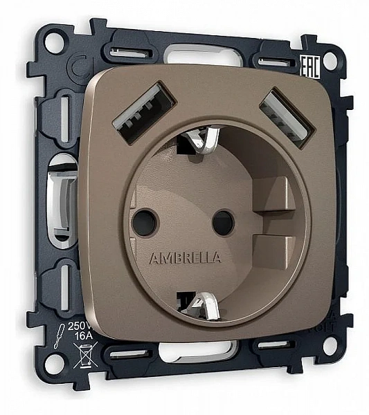 Комплект механизма электрической розетки OMEGA MO639010 Бронза матовый 2USB A+A 18W 3000mA (быстрая